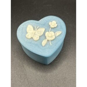 Vtg Design Gifts International Blue Incolay Heart Butterfly / Flower Trinket Box
